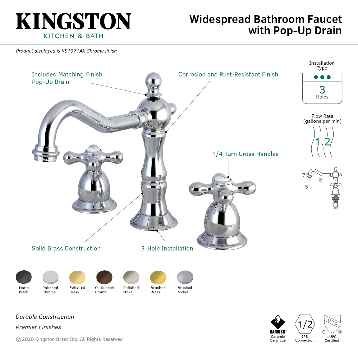 Kingston Heirloom KS1978AX - Heritage Two-Handle 3-Hole Deck Mount Widespread Bathroom Faucet with Brass Pop-Up, Brushed Nickel — thumbnail 2